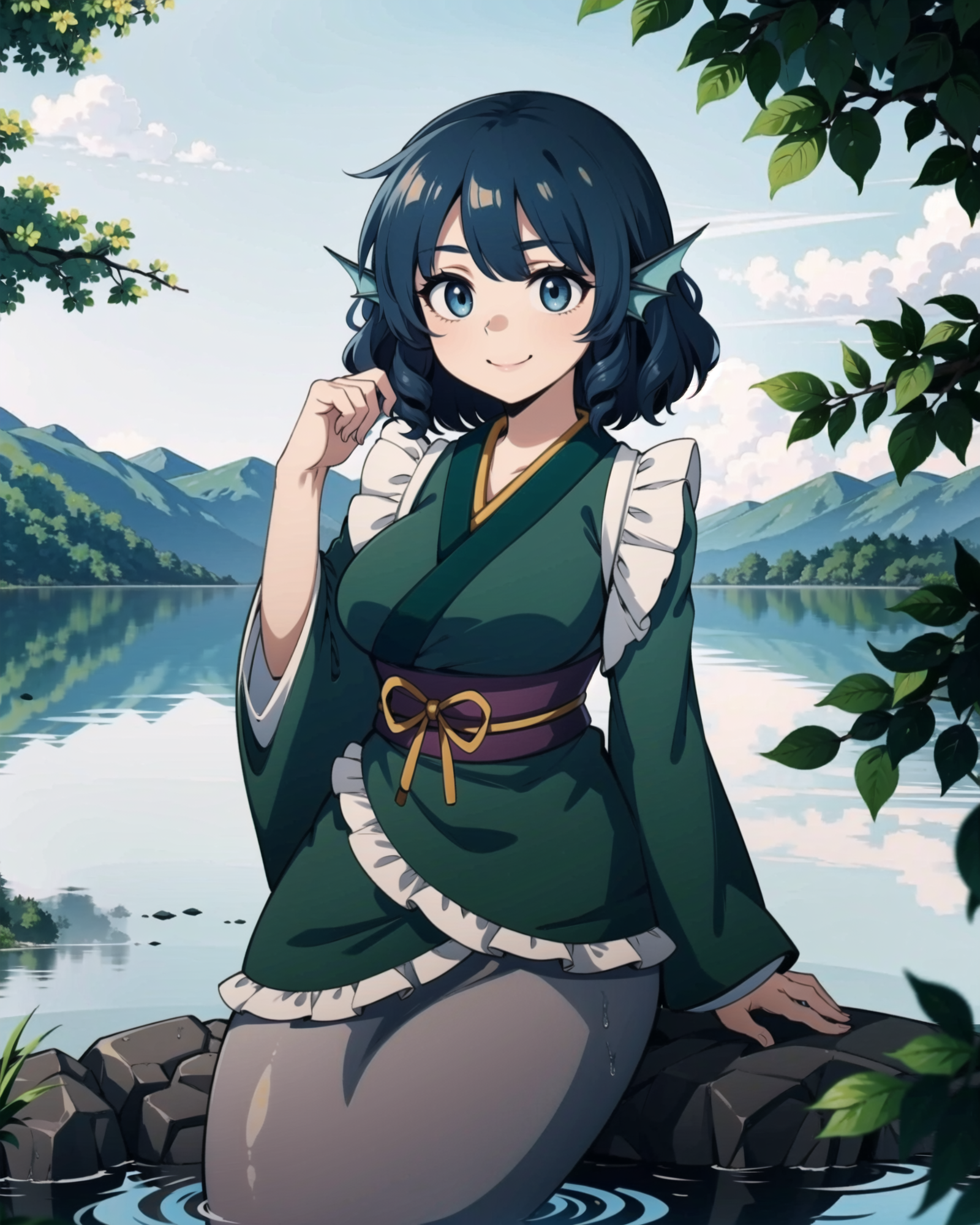 01324-4200299936-_lora_Wakasagihime_1_, wakasagihime, 1girl, mermaid, monster girl, blue hair, short hair, blue eyes, head fins, japanese clothes.png
